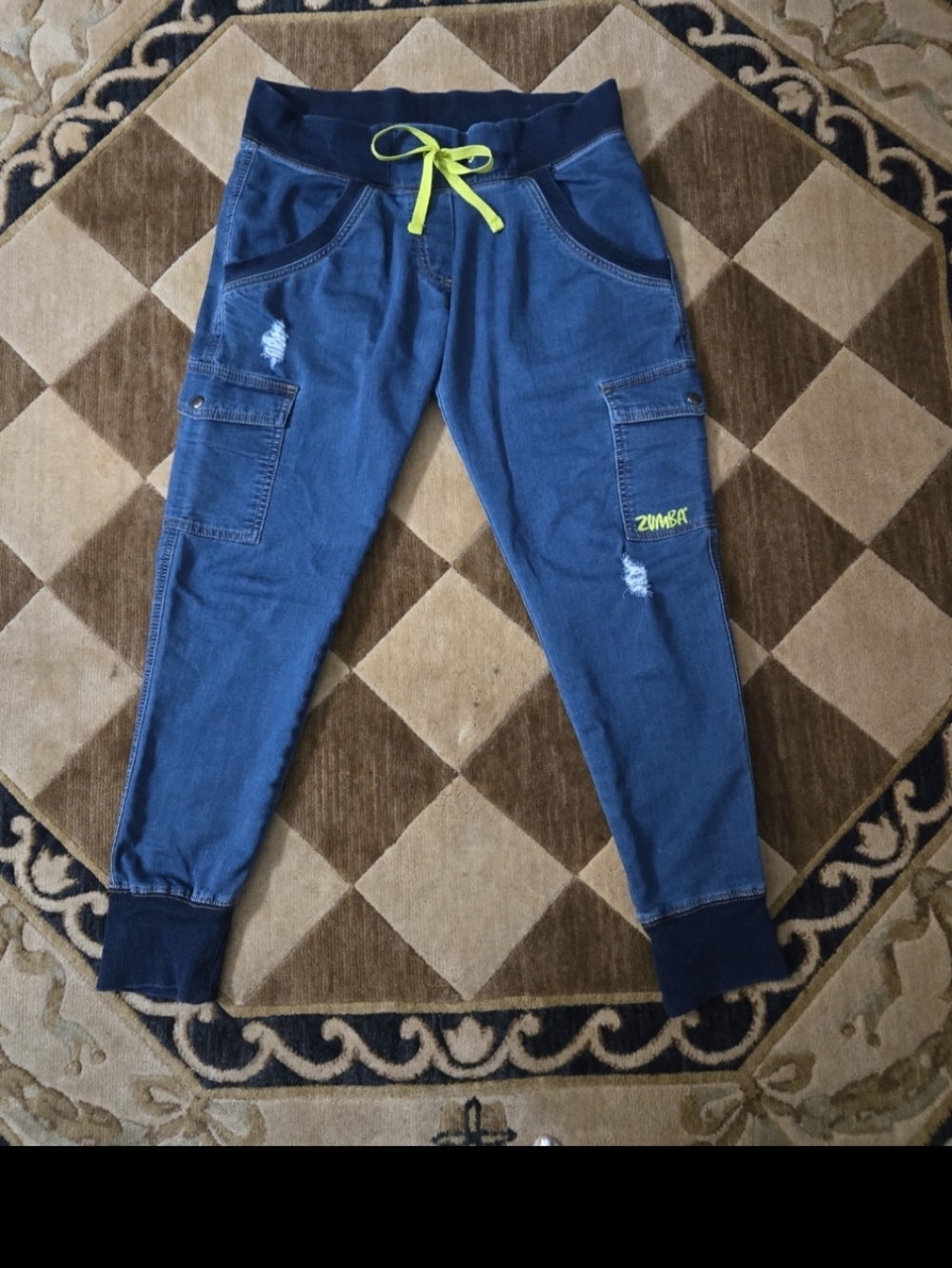 Rare Zumba Fitness Blue Jean Cargo Jogger Jeans Pants -Yellow Drawstring Accents